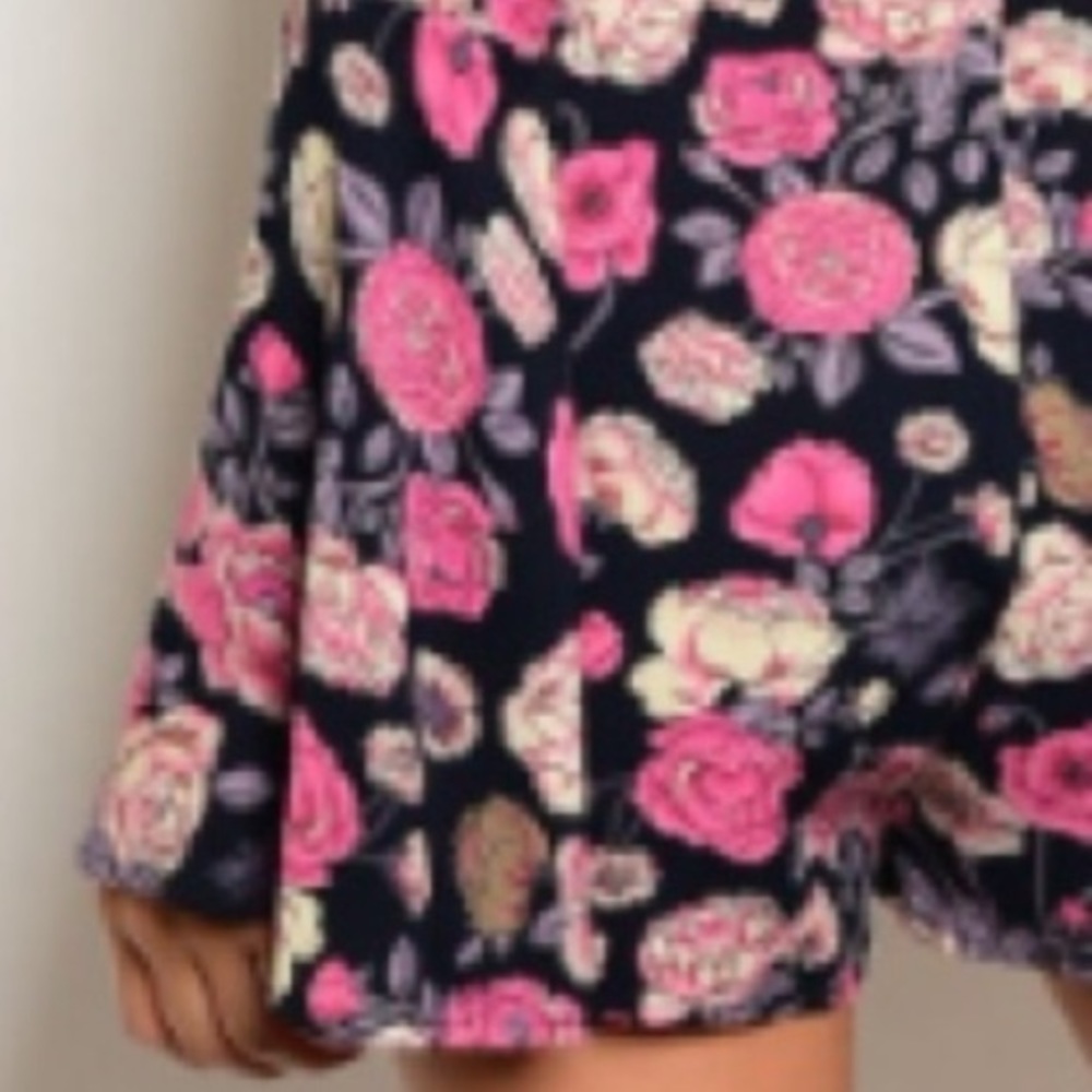 Navy floral romper with a plunge lace-up neckline. - Picture 6 of 6